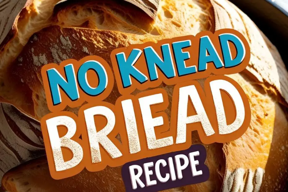 Golden crusty no knead bread loaf torn open on rack